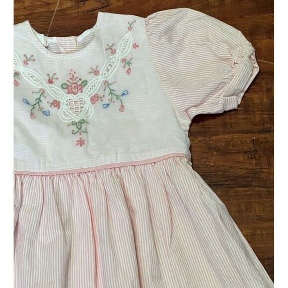 Vintage Allison Rose Pink Striped Dress - Embroidered, Cutout Lace, 6X - Picture 3 of 7